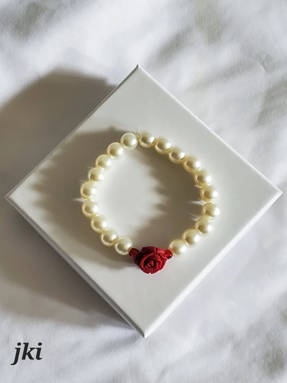 Roselle Bracelet - Ivory white Pearl with Red Rose Accent